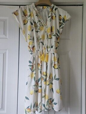 Ophelia Roe Women's Short Sleeve Chiffon Smocked Waist Lemon Print Dress Size S